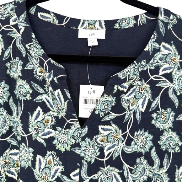 NWT J.Jill Navy Blue Floral Paisley Split Neck 3/4 Sleeve Knit Dress Size Medium - Picture 5 of 13